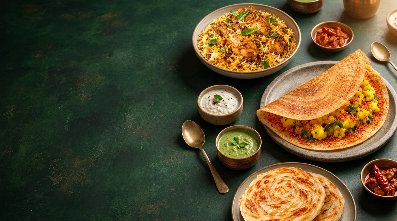Gunpowder masala dosa, chicken biriyani and flaky parotta