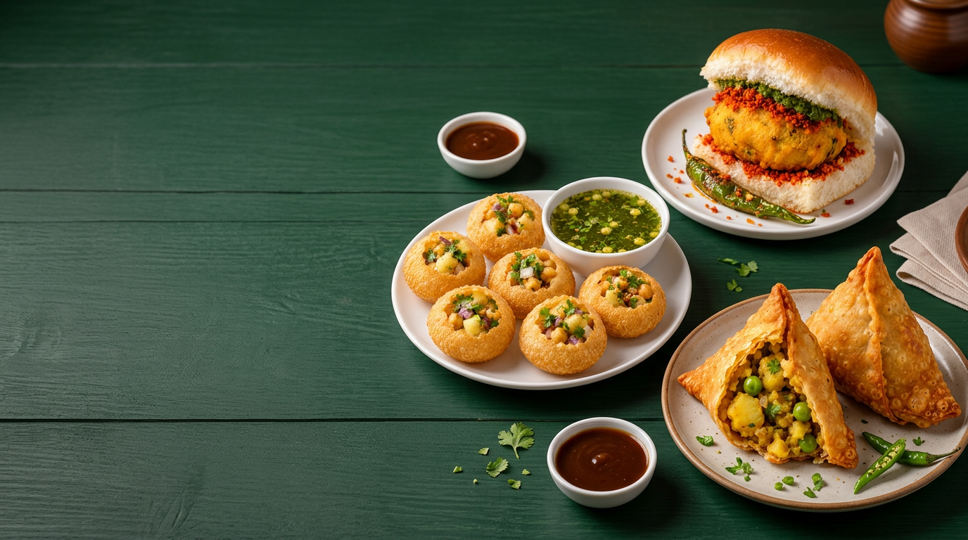 Vegetable samosas, paani puri and vada pav