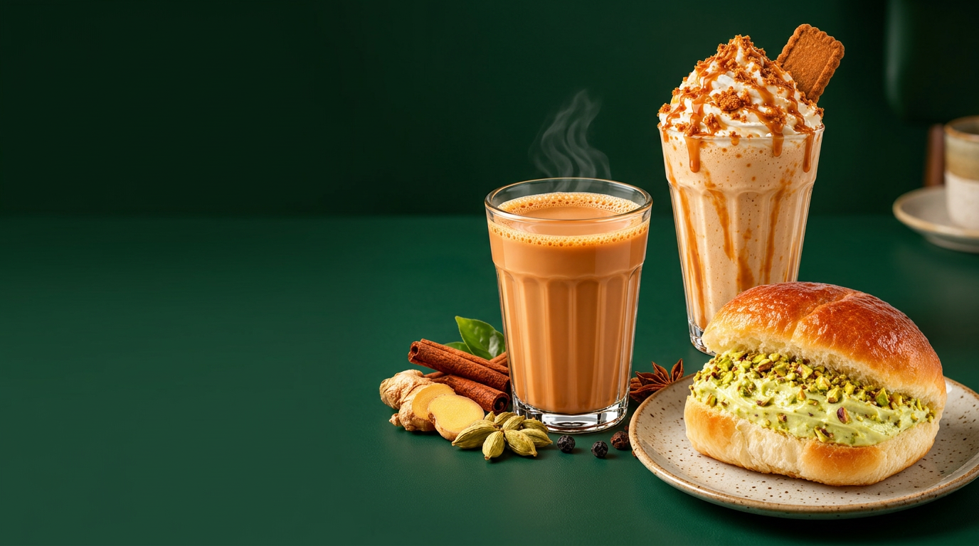 Masala chai, pistachio bun maska and Biscoff milkshake